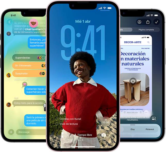 Tres iPhone 17e, se muestra la app Mensajes con el diseño Liquid Glass, la pantalla de bloqueo dinámica y la inteligencia visual en uso