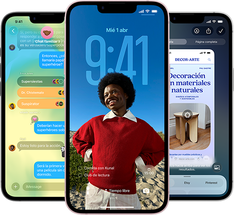 Tres iPhone 17e, se muestra la app Mensajes con el diseño Liquid Glass, la pantalla de bloqueo dinámica y la inteligencia visual en uso