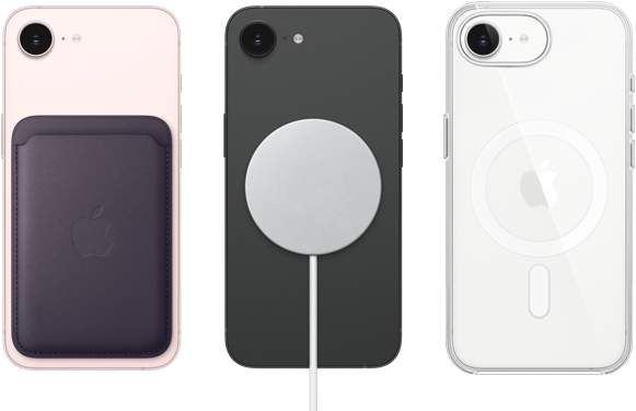 iPhone 17e, parte trasera, color rosa palo, cartera de trenzado fino con MagSafe acoplada, iPhone 17e, parte trasera, color negro, cargador MagSafe acoplado, iPhone 17e, parte trasera, color blanco, funda transparente con MagSafe acoplada
