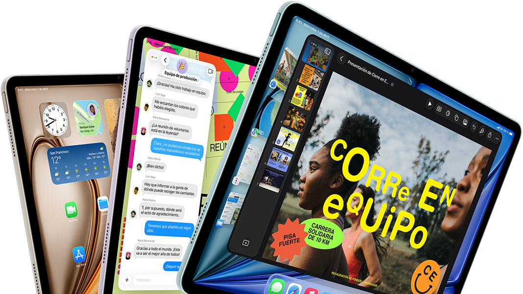 Tres iPad Air dispuestos en forma de abanico, colores: azul, púrpura, blanco estrella, parte delantera exterior, lateral exterior, en las pantallas se muestran la app Keynote, la app Mensajes y la pantalla de inicio