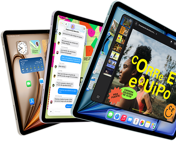 Tres iPad Air dispuestos en forma de abanico, colores: azul, púrpura, blanco estrella, parte delantera exterior, lateral exterior, en las pantallas se muestran la app Keynote, la app Mensajes y la pantalla de inicio