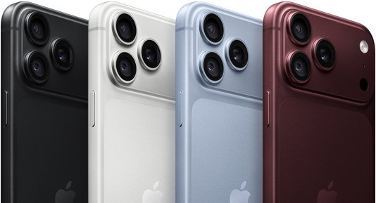Dispositivos iPhone 18 Pro en fila, parte trasera, los cuatro colores disponibles: burdeos, azul glacial, plata y negro, sistema de cámaras Pro Fusion en la esquina superior izquierda, tres objetivos, micrófono, flash