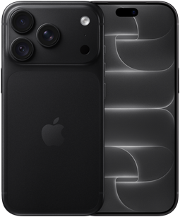 iPhone 18 Pro, parte trasera, color negro, muestra el sistema de cámaras Pro Fusion en la parte superior y el logo de Apple en el centro, parte delantera, muestra la pantalla de borde a borde