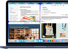 MacBook Neo, color índigo, pantalla con un email de bienvenida para una persona que empieza a trabajar en una librería, otras ventanas en mosaico con un documento sobre la incorporación en Notas y el sitio web del portal para empleados de la librería en Safari