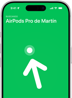 iPhone 17 Pro, pantalla de Buscar con Búsqueda de Precisión, texto: AirPods Pro de Martín