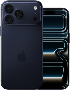 Dos modelos de iPhone 17 Pro Max, parte trasera, sistema de cámaras Pro, tres objetivos, micrófono, flash, acabado azul oscuro, iPhone 17 Pro, parte delantera, pantalla con diseño de borde a borde, acabado azul oscuro