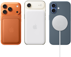 iPhone 17 Pro, parte trasera, color naranja cósmico, con funda de silicona en color siena y cartera de trenzado fino con MagSafe en color naranja zorro; iPhone Air, parte trasera, color blanco nube, con batería Magsafe; iPhone 17, parte trasera, color azul neblina, con funda de silicona en color azul náutico y cargador MagSafe