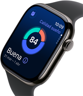 Primer plano de un Apple Watch Series 11, caja de titanio color pizarra, puntuación de la calidad del sueño en pantalla