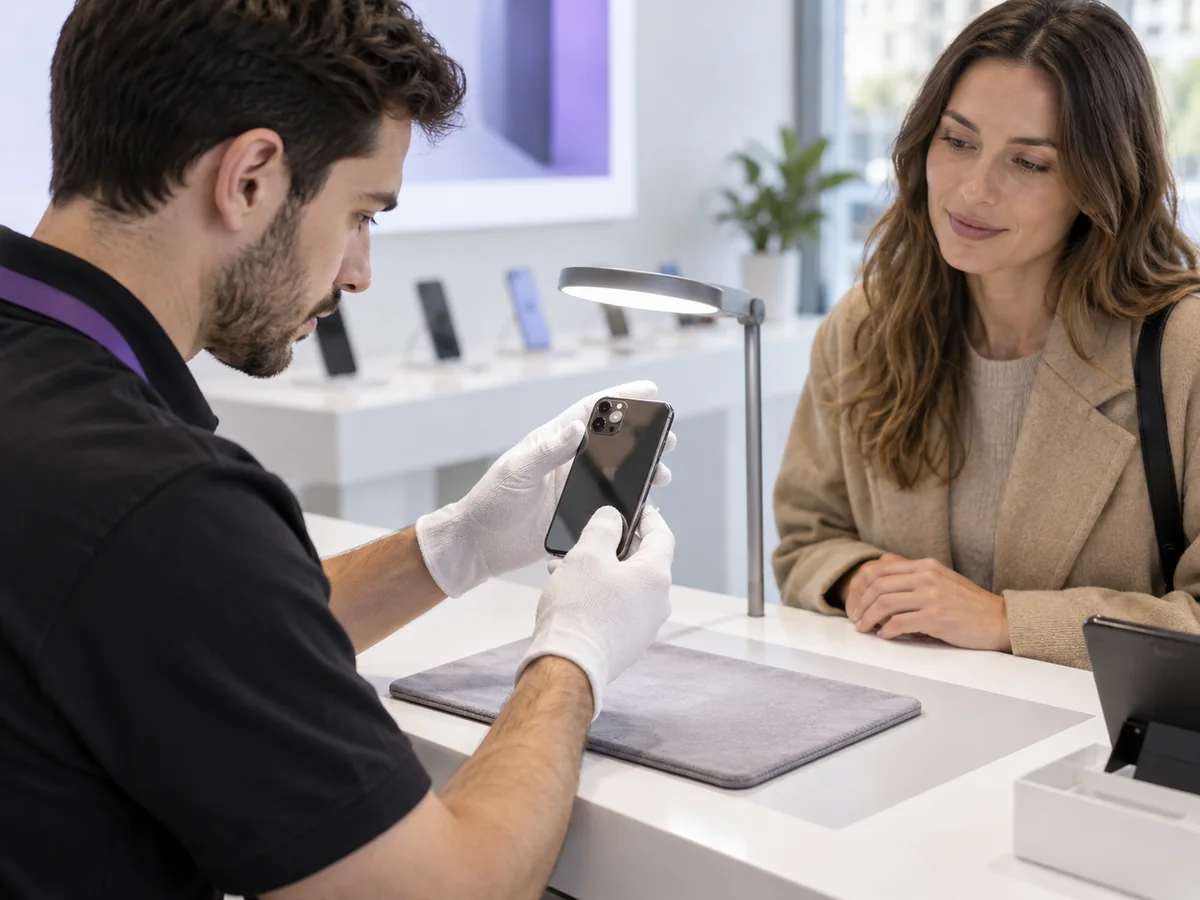 Especialista revisando el estado de un teléfono para confirmar su valoración