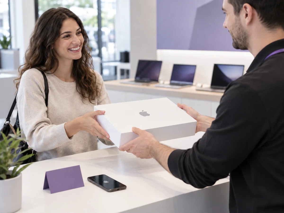 Cliente recibiendo su nuevo dispositivo Apple después de aceptar la valoración