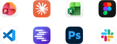 Iconos de las apps Microsoft PowerPoint, Claude de Anthropic, Microsoft Excel, Figma, Visual Studio Code, LM Studio, Adobe Photoshop y Slack
