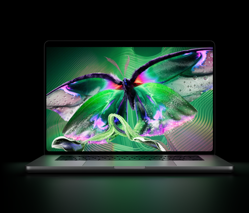 MacBook Pro con pantalla PROLED XDR, tapa abierta, color plata, la pantalla muestra una imagen detallada de alto contraste con colores vivos, la pantalla ilumina el teclado
