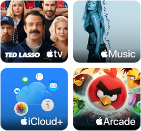 Cuatro recuadros, recuadro de Apple TV con personajes de la serie Ted Lasso, recuadro de Apple Music con la portada del álbum 5ive de Davido, recuadro de iCloud Plus con una nube rodeada de iconos de la app Fotos, Calendario, Mail, Recordatorios, Mensajes y Archivos, recuadro de Apple Arcade con personajes del juego Angry Birds
