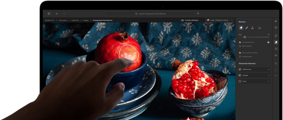 MacBook Pro con pantalla PROLED XDR con una imagen con frutas, cuencos de cerámica y tejidos azules, una mano se acerca a la pantalla para interactuar con la obra de arte