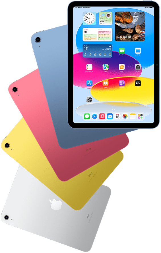 Vista frontal de un iPad que muestra la pantalla de inicio, con cuatro modelos de iPad detrás en azul, rosa, amarillo y plata.