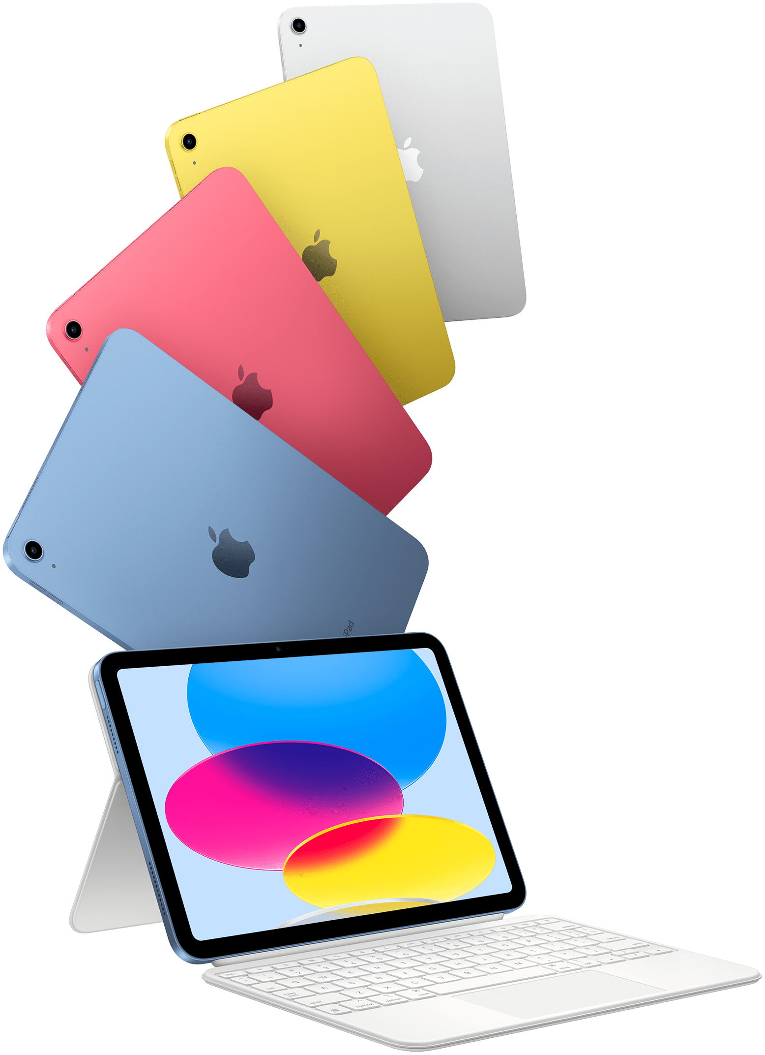 iPad en azul, rosa, amarillo y plata junto a otro iPad acoplado a un Magic Keyboard Folio.