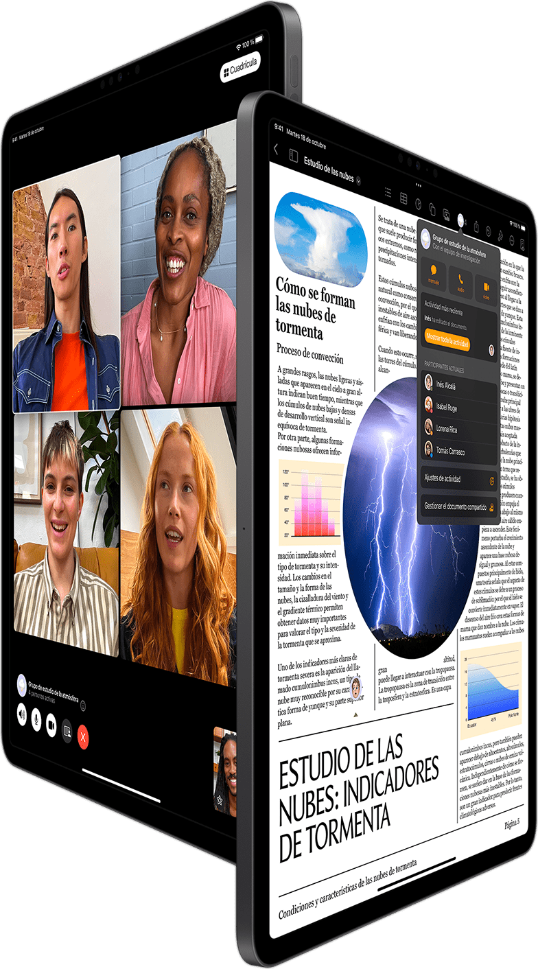 Una llamada FaceTime de grupo y las opciones de colaboración de Pages se muestran en dos iPad Pro