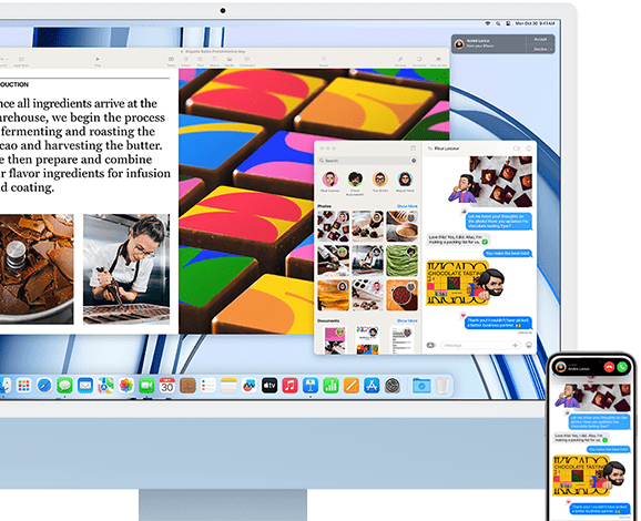 Un iMac junto a un iPhone que ilustran la prestación Continuidad para compartir mensajes y fotos entre ambos dispositivos.