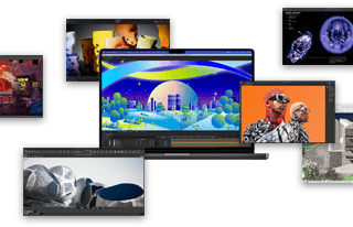 Imagen de un MacBook Pro con distintas apps abiertas: Adobe After Effects, Keynote, DaVinci Resolve, Autodesk Maya con el renderizador Arnold, Adobe Photoshop, Houdini y SketchUp