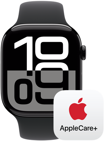 Un Apple Watch Series 10 al lado de un logotipo que representa la cobertura de AppleCare+.