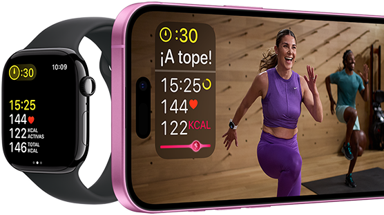 Métricas de entreno en un Apple Watch Series 10 y un iPhone.
