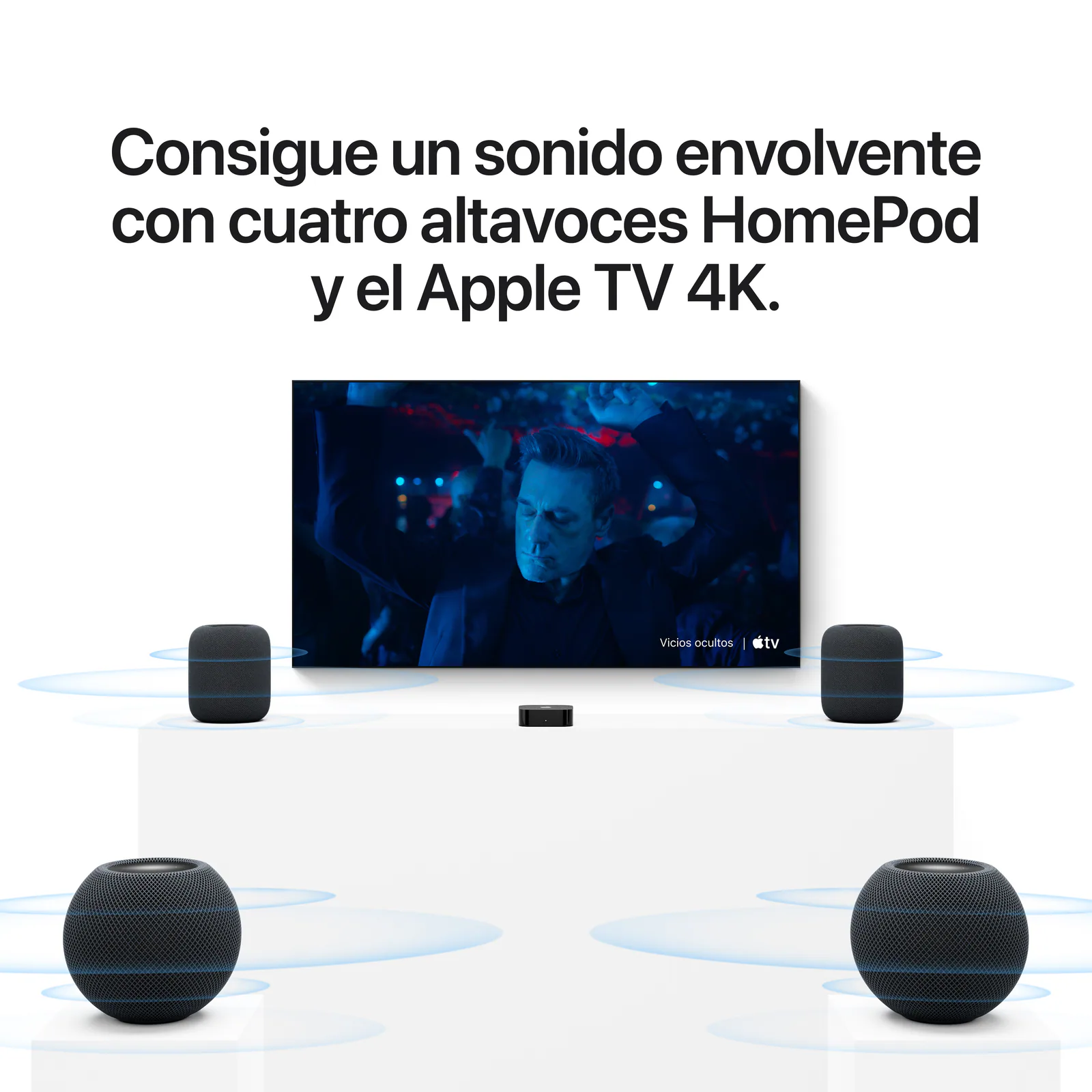 Sonido envolvente con cuatro HomePod mini 2 y Apple TV 4K