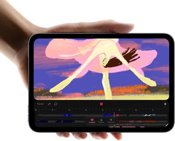 iPad mini, sostenido por una mano, parte delantera, aparece en la pantalla una interfaz de edición de vídeo con clips a todo color, debajo se menciona el chip A20 Pro