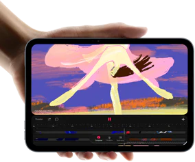 iPad mini, sostenido por una mano, parte delantera, aparece en la pantalla una interfaz de edición de vídeo con clips a todo color, debajo se menciona el chip A20 Pro