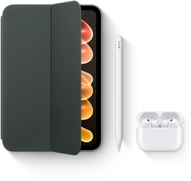 iPad mini con varios accesorios compatibles, entre los que se incluyen una funda Smart Folio para el iPad mini (A20 Pro), un Apple Pencil (USB-C) y unos AirPods Pro 3