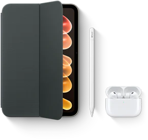 iPad mini con varios accesorios compatibles, entre los que se incluyen una funda Smart Folio para el iPad mini (A20 Pro), un Apple Pencil (USB-C) y unos AirPods Pro 3