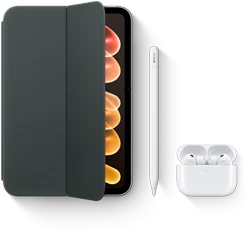 iPad mini con varios accesorios compatibles, entre los que se incluyen una funda Smart Folio para el iPad mini (A20 Pro), un Apple Pencil (USB-C) y unos AirPods Pro 3