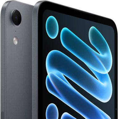 iPad mini, color medianoche, parte trasera que muestra la ubicación de la cámara y parte delantera en diagonal con textos que ilustran el servicio de AppleCare+
