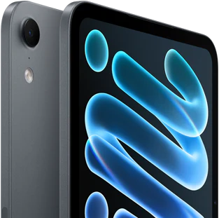 iPad mini, color medianoche, parte trasera que muestra la ubicación de la cámara y parte delantera en diagonal con textos que ilustran el servicio de AppleCare+