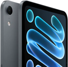iPad mini, color medianoche, parte trasera que muestra la ubicación de la cámara y parte delantera en diagonal con textos que ilustran el servicio de AppleCare+