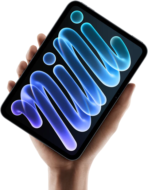iPad mini, parte delantera, sostenido por una mano, con carcasa negra y una composición abstracta de formas azules y moradas en la pantalla