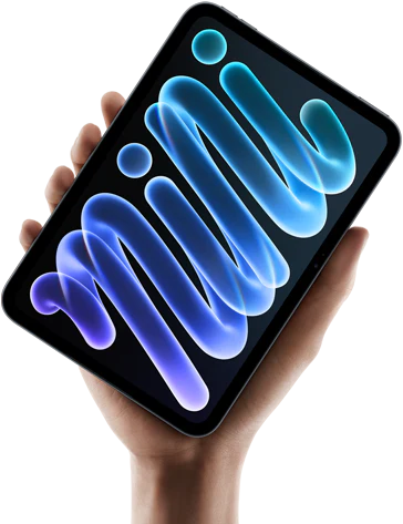 iPad mini, parte delantera, sostenido por una mano, con carcasa negra y una composición abstracta de formas azules y moradas en la pantalla